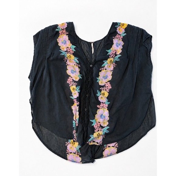 Free People Tops - Free People Floral Embroidered Sheer Boho Blouse Top Black Women Size Medium